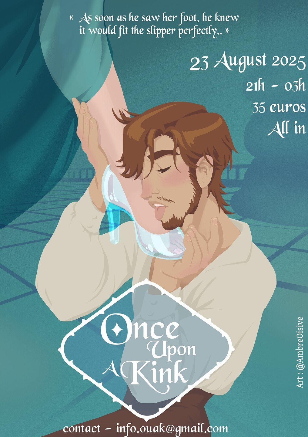 OUAK10 poster: Cinderella-inspired scene of a bearded character kissing a leg in a glass slipper.
