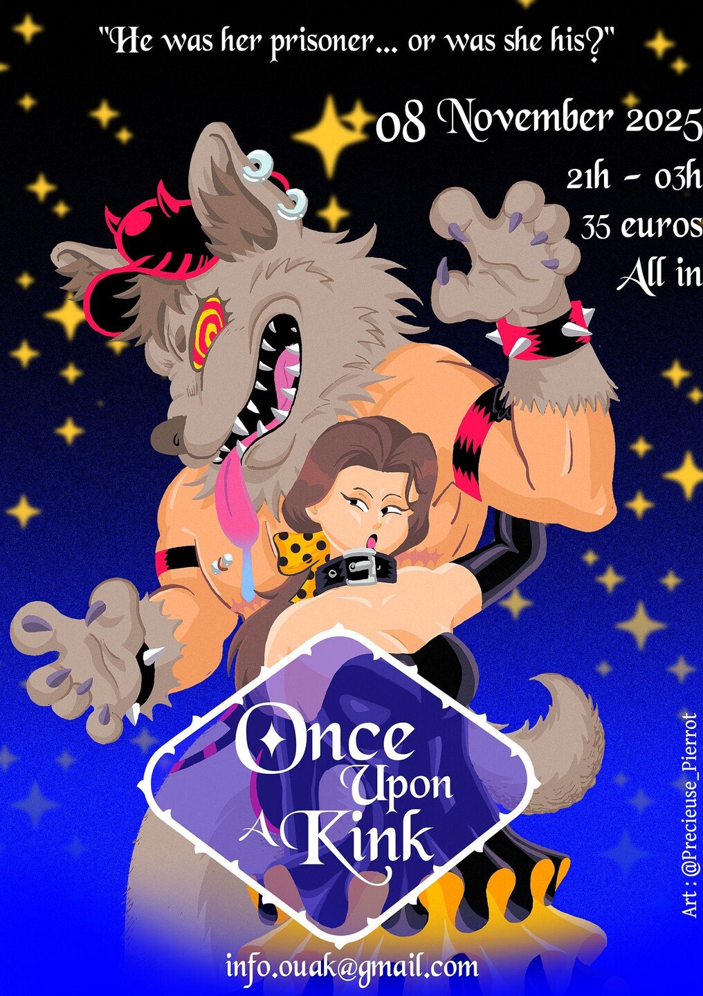 OUAK11 poster: Beauty and the Beast-inspired scene with a wolf-like creature embracing a woman under a starry sky.